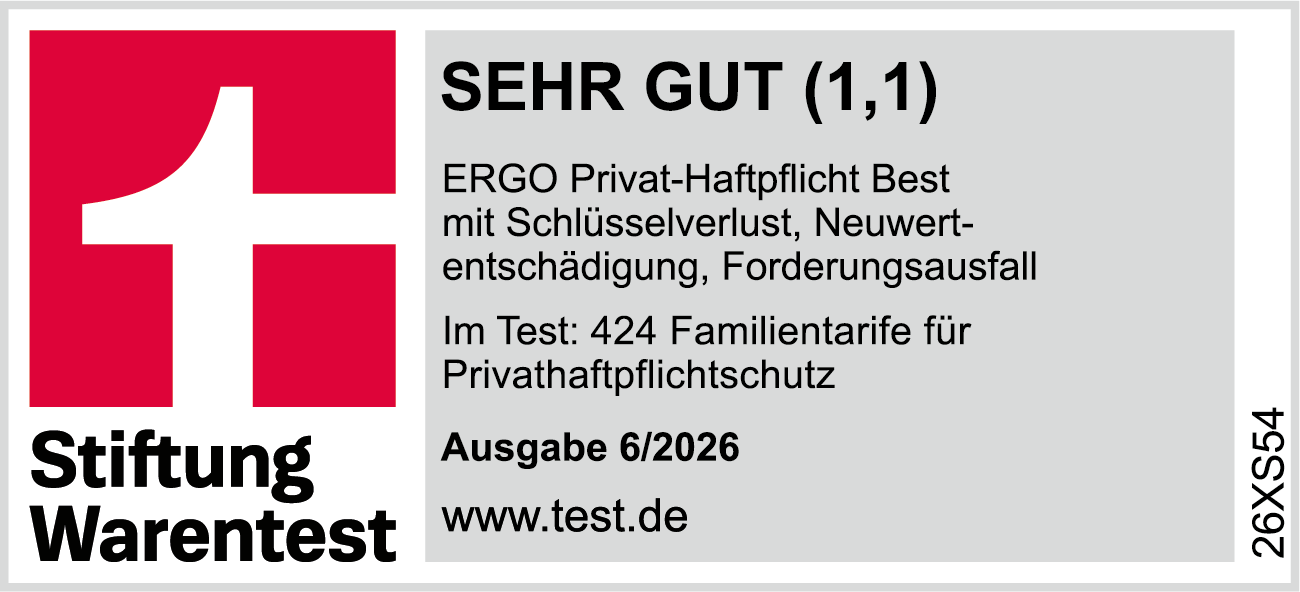 Testsiegel: Stiftung Warentest zeichnet den Tarif ERGO Privat-Haftpflicht Best im Vergleich mit 424 Tarifangeboten mit der Note Sehr Gut (1,1) aus..
