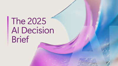 Un primer plano del texto El informe de decisiones sobre IA de 2025 sobre un fondo azul y morado.