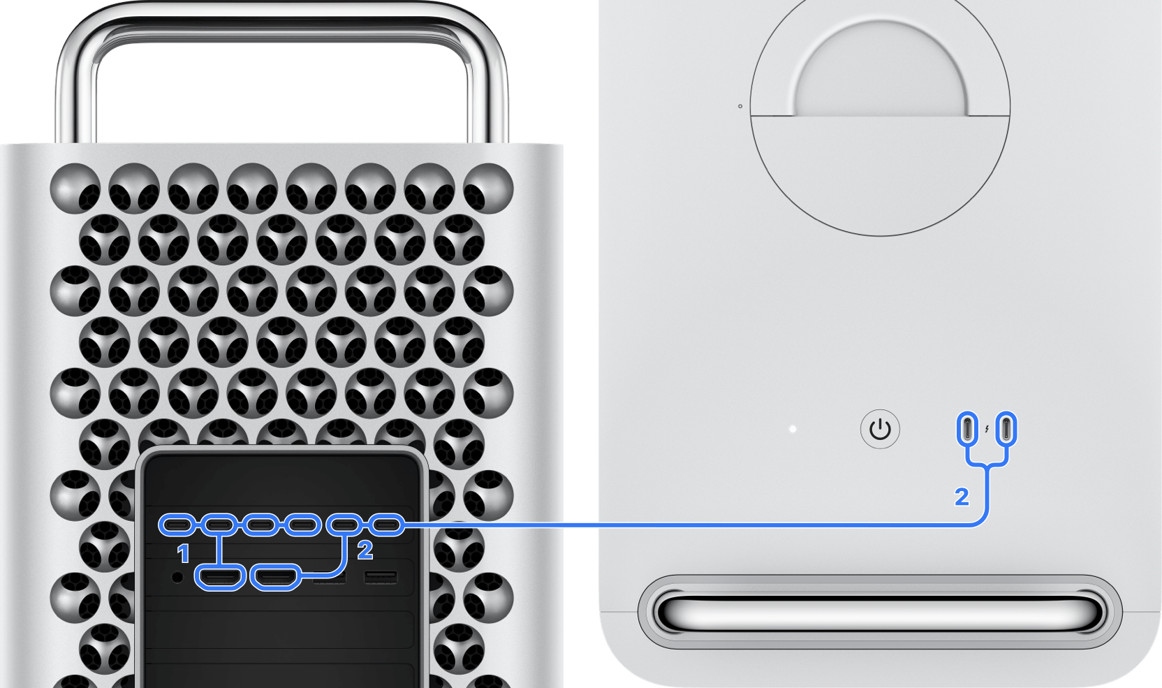 Mac Pro 2023 tower enclosure Thunderbolt and HDMI port grouping diagram