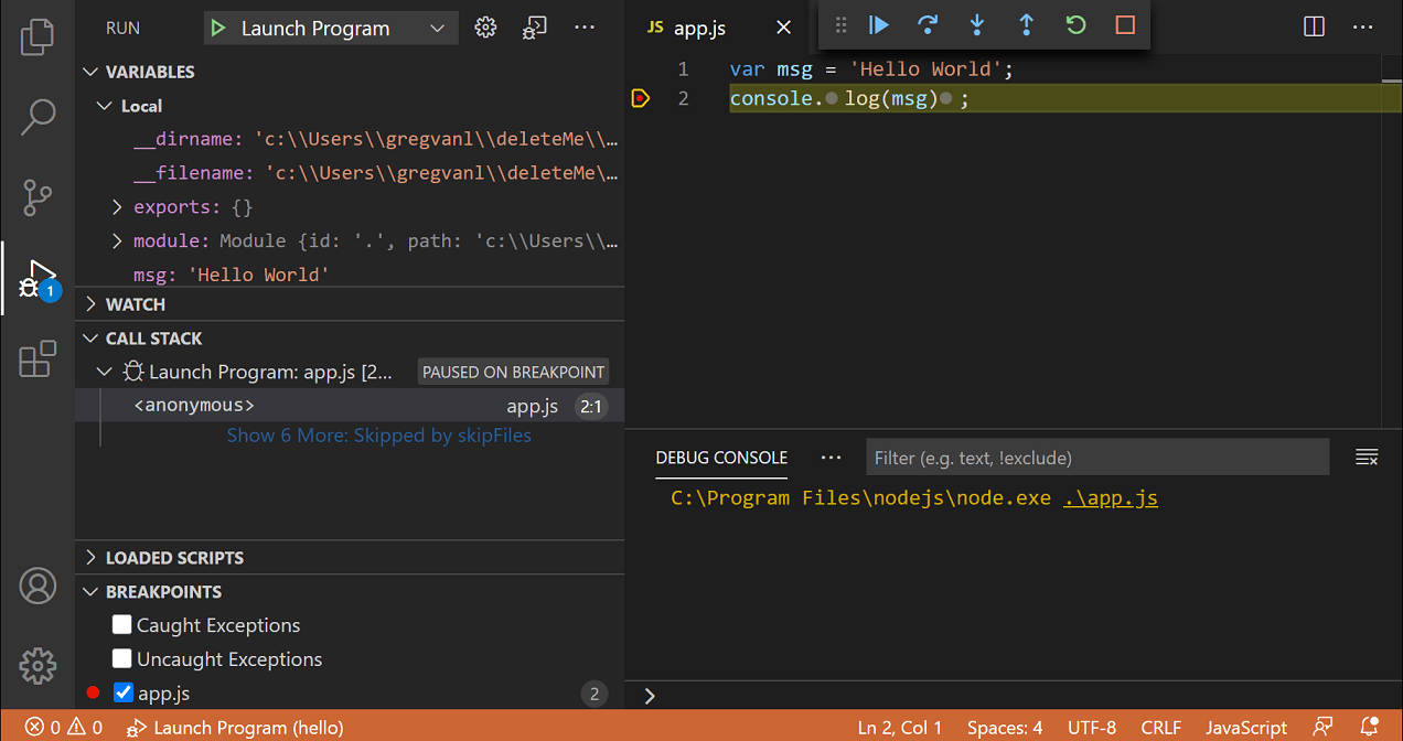 Screenshot of an active debug session with the Run and Debug view, editor breakpoint, Debug toolbar, and Debug Console.
