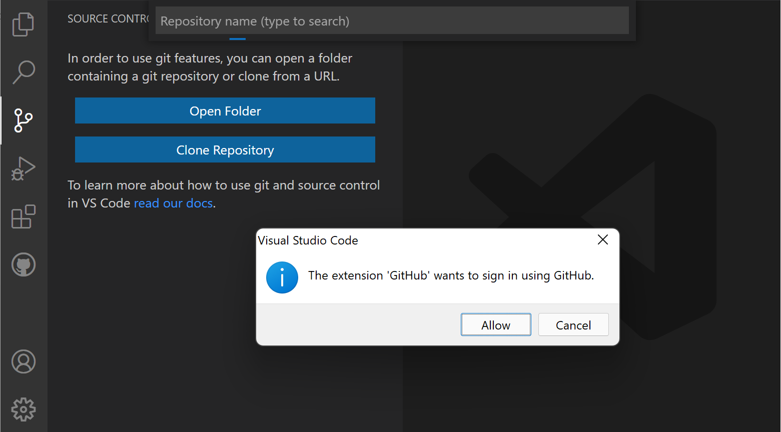 Screenshot showing the GitHub authentication prompt in VS Code.