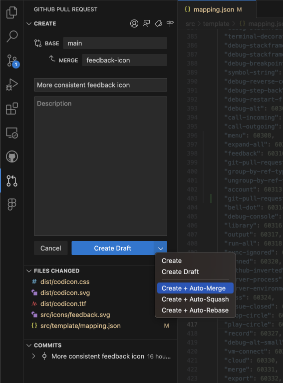 Screenshot showing the base repository, branch, title, and description in the Create Pull Request view.