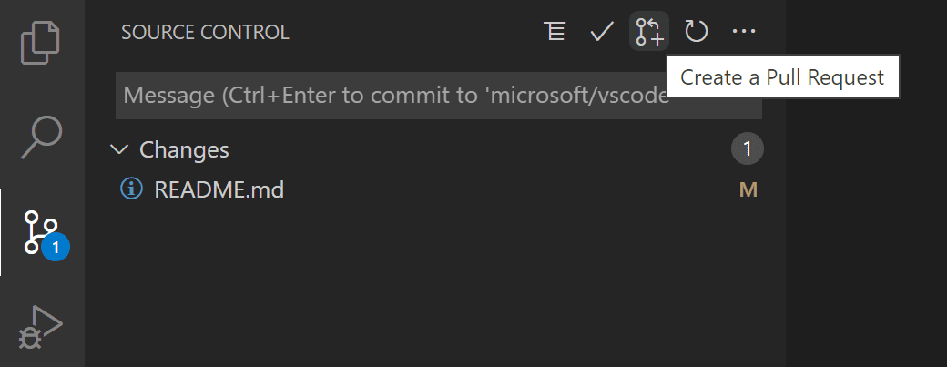 Screenshot showing the Create Pull Request button in the Source Control view.