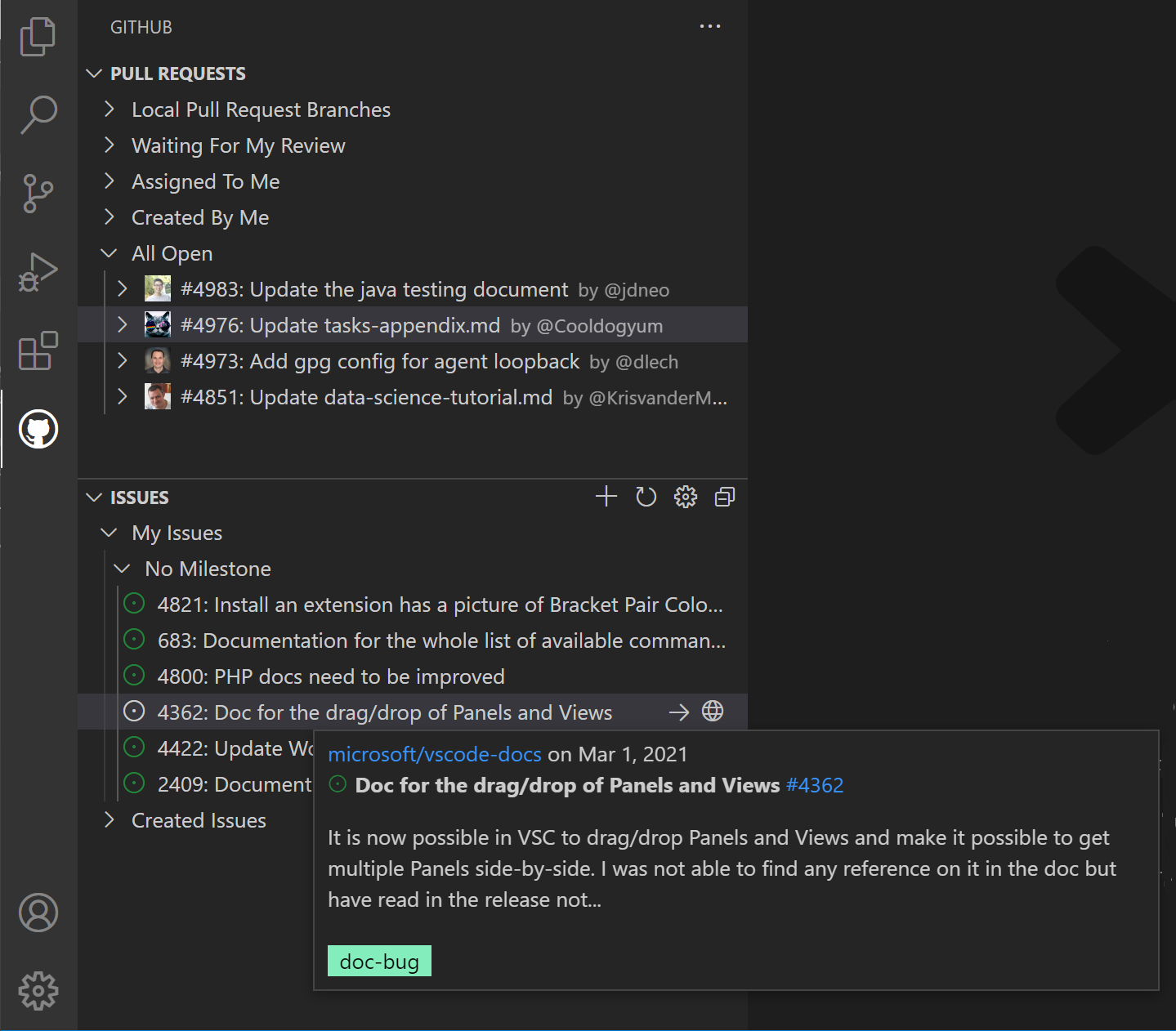 Screenshot showing an issue and its details in the Issues view.