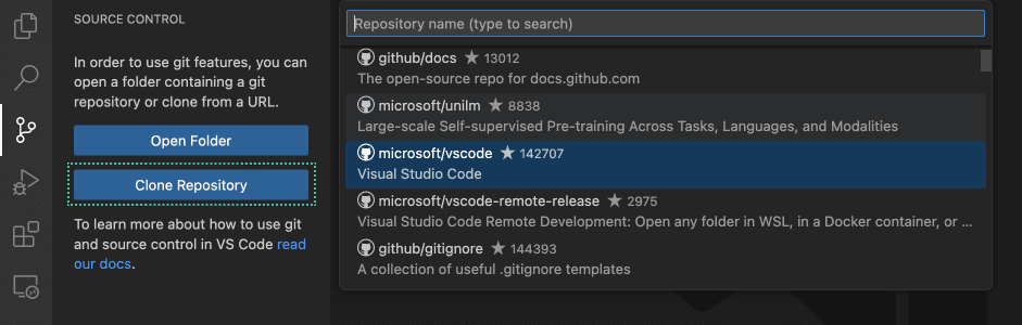Screenshot showing the Clone Repository prompt in VS Code.