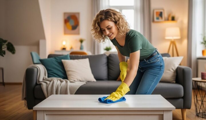 Eine Frau Mit Gelben Reinigungshandschuhen Wischt Einen Couchtisch In Einem Gemütlich Eingerichteten Wohnzimmer Mit Sofa, Pflanzen Und Warmem Licht.
